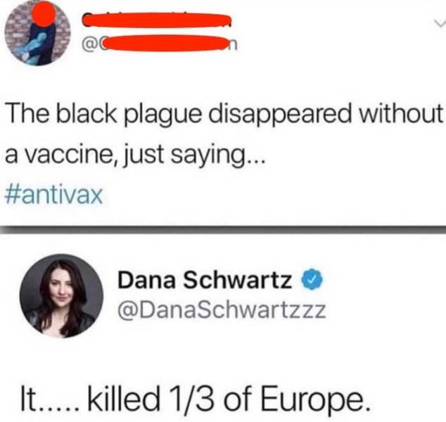 angle - The black plague disappeared without a vaccine, just saying... Dana Schwartz It..... killed 13 of Europe.