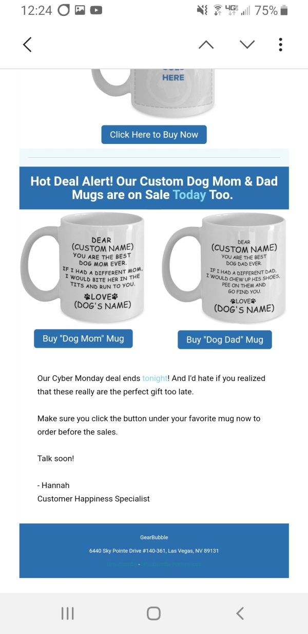 web page - Opo N 46.Jll 75% i Here Click Here to Buy Now Hot Deal Alert! Our Custom Dog Mom & Dad Mugs are on Sale Today Too. Dear Custom Name You Are The Best Dog Mom Ever. I Had A Different Mom. Would Bite Her In The Tits And Run To You. Love Dog'S Name