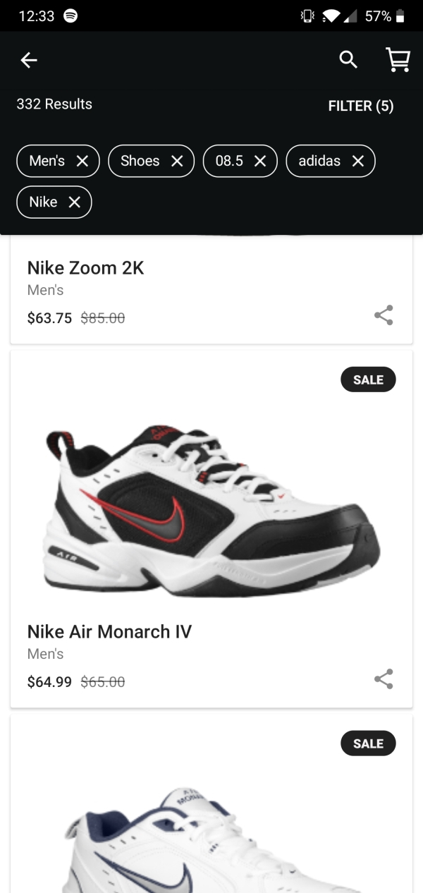 Q 57% Q E 332 Results Filter 5 Men's Shoes 08.5 X adidas Nike X Nike Zoom 2K Men's $63.75 $85.00 Sale Nike Air Monarch Iv Men's $64.99 $65.00 Sale