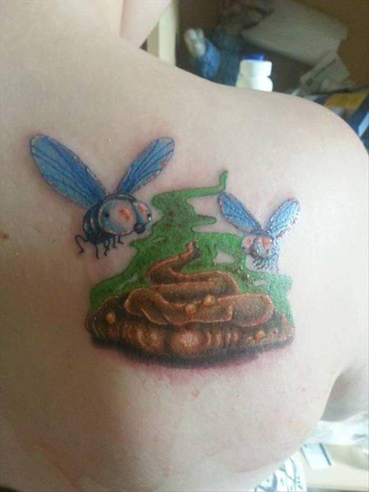 poop tattoo with flies around it