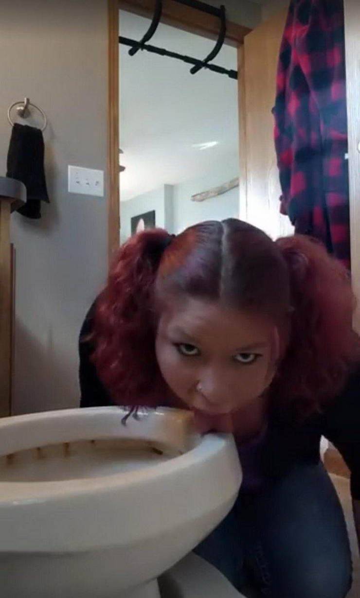 woman licking a toilet bowl