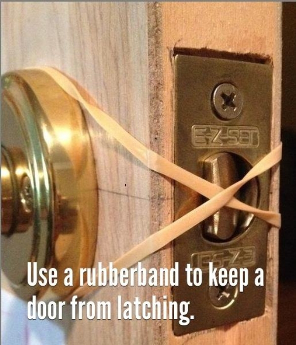 keep door from latching - EzSet Use a rubberband to keep a door from latching.