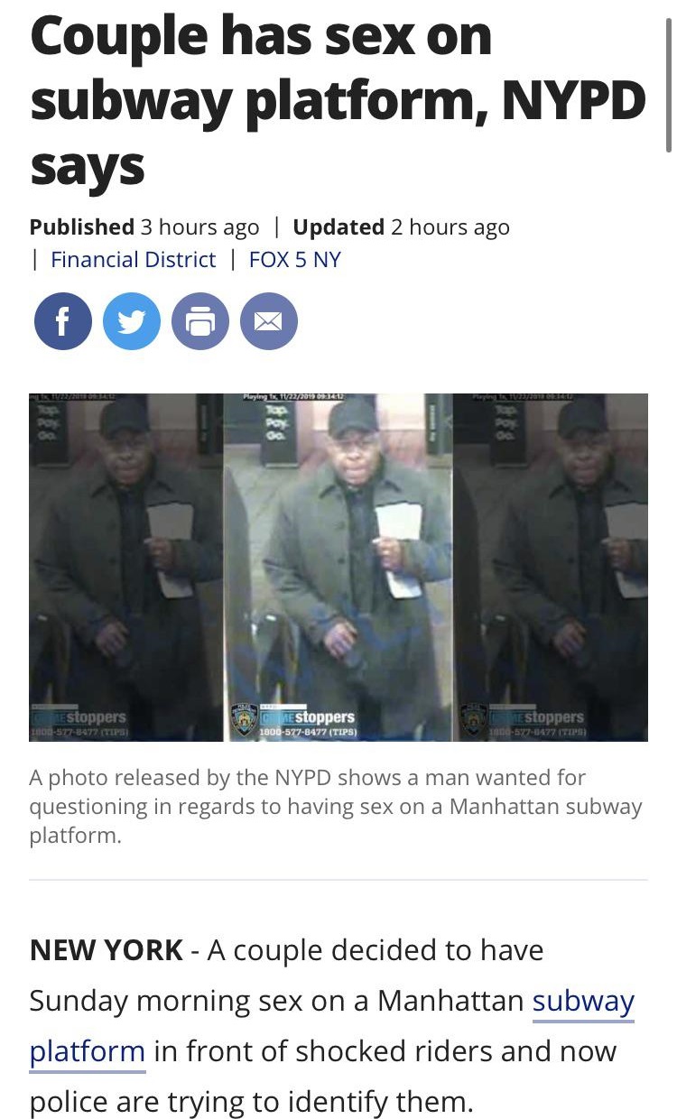 media - Couple has sex on subway platform, Nypd says Published 3 hours ago | Updated 2 hours ago | Financial District | Fox 5 Ny Playing 12 2012 Estoppers Log5778977 Tips Estoppers 1800577B477 Tips Estoppers mueb771977 Tels A photo released by the Nypd sh
