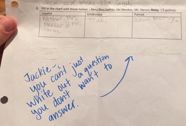 handwriting - non and steal the Cattle. 6. Fill in the chart with these names Sam, Tim, Father, Mr.Meeker, Mr. Heron, Betsy 5 points Loyalist Undecided Patriot Father Mr. Neeker & Mr. Heron. Jackie you can't just white out a question you don't want to ans