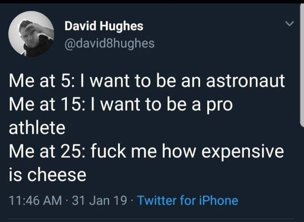 presentation - David Hughes Me at 5 I want to be an astronaut Me at 15 I want to be a pro athlete Me at 25 fuck me how expensive is cheese 31 Jan 19. Twitter for iPhone