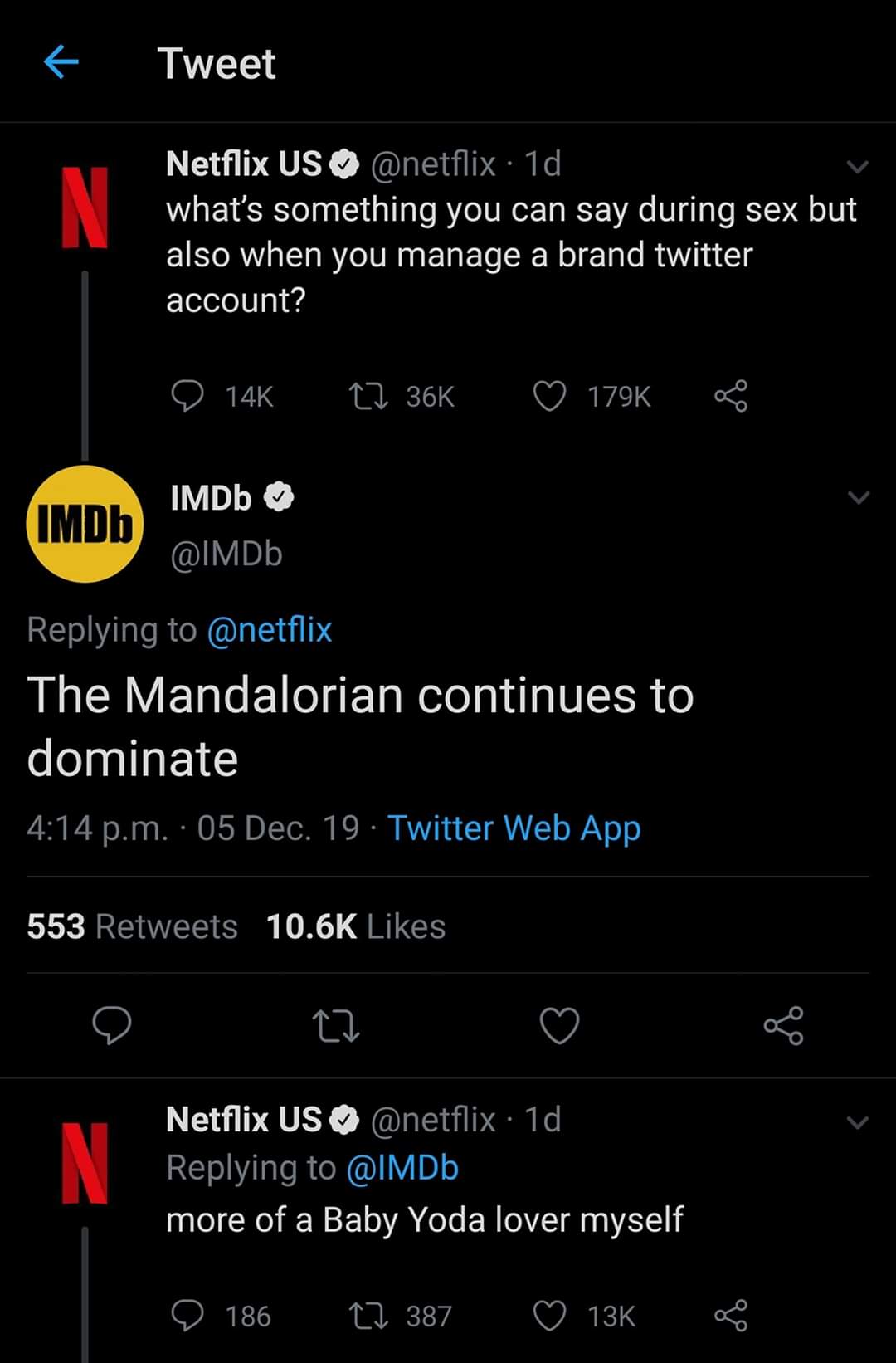 screenshot - Tweet Netflix Us 1d what's something you can say during sex but also when you manage a brand twitter account? 14K 22 366 IMDb IMDb The Mandalorian continues to dominate p.m. 05 Dec. 19. Twitter Web App 553 22 Netflix Us 1d more of a Baby Yoda