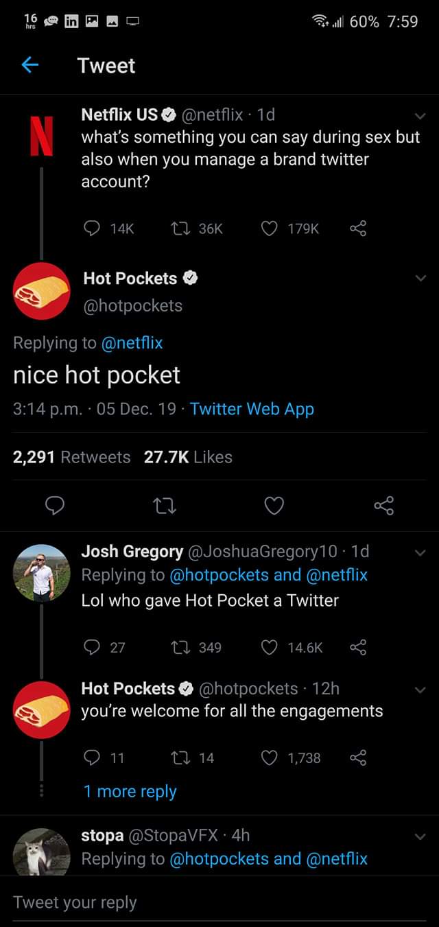 screenshot - at all 60% Tweet Netflix Us . 1d, what's something you can say during sex but also when you manage a brand twitter account? 14K C Hot Pockets nice hot pocket p.m. 05 Dec. 19. Twitter Web App 2,291 Josh Gregory .1d and Lol who gave Hot Pocket 