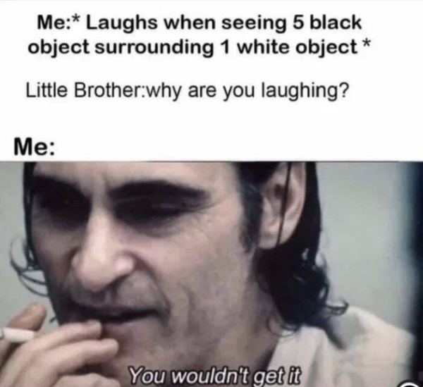 you wouldn t get it meme - Me Laughs when seeing 5 black object surrounding 1 white object Little Brotherwhy are you laughing? Me You wouldn't get it