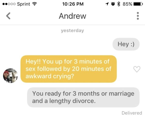 website - .000 Sprint 10 85% Andrew yesterday Hey Hey!! You up for 3 minutes of sex ed by 20 minutes of awkward crying? You ready for 3 months or marriage and a lengthy divorce. Delivered