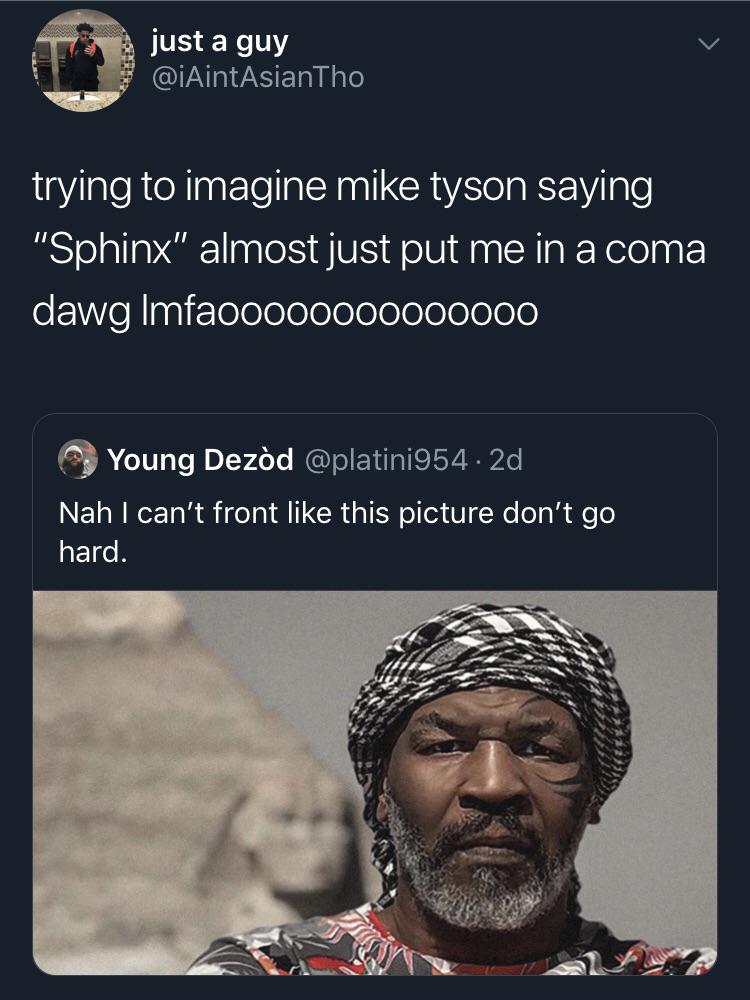 photo caption - just a guy trying to imagine mike tyson saying "Sphinx" almost just put me in a coma dawg lmfaooooo000000000 Young Dezd .2d, Nah I can't front this picture don't go hard.