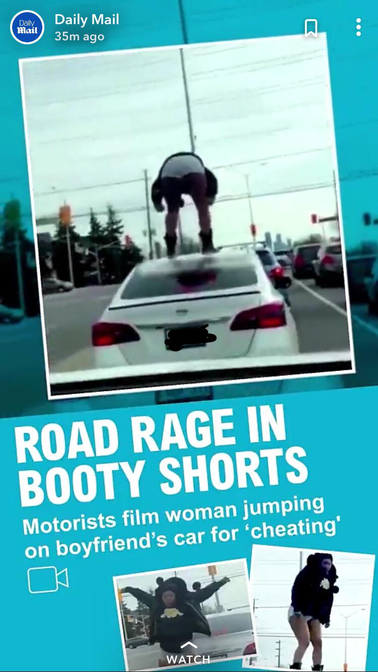 car - Daily Mail Daily Mail 35m ago Road Rage In Booty Shorts Motorists film woman jumping on boyfriend's car for 'cheating' Watch