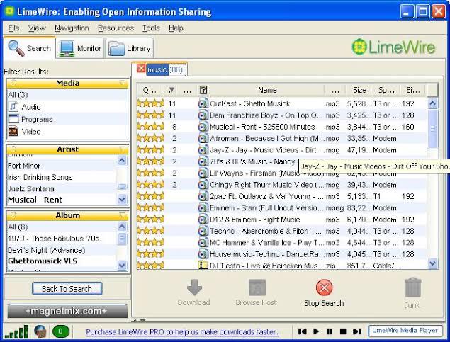 p2p programs - LimeWire LimeWire Enabling Open Information Sharing Dox File View Navigation Resources Tools Help Search Monitor Library Filter Results music 86 Media Q... ... ... @ Name ... Size Sp... Bi... All 3 11 Audio OutKast Ghetto Music mp3 5,528...