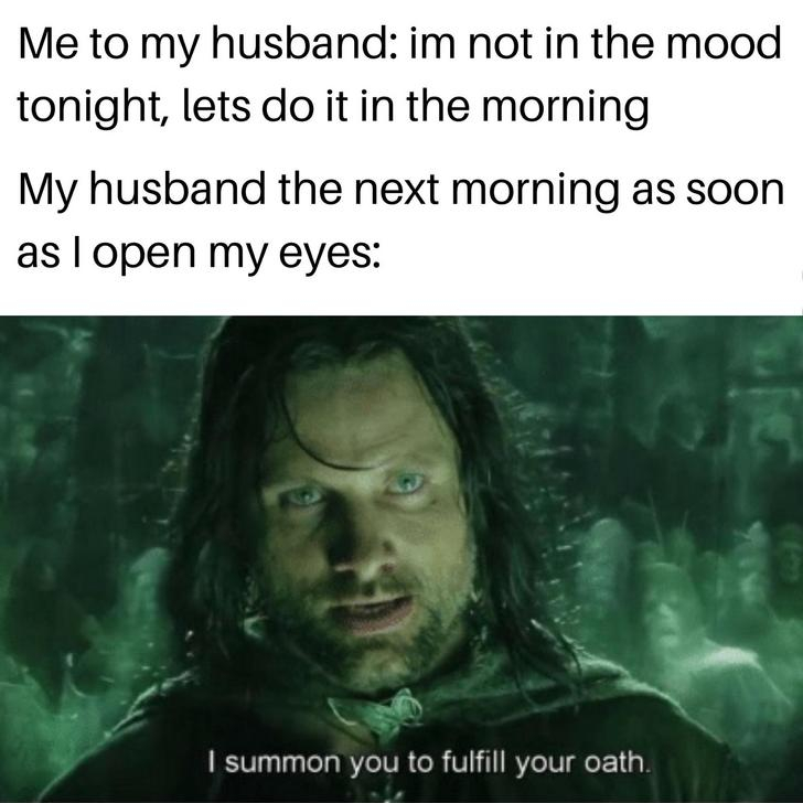 lotr memes - Me to my husband im not in the mood tonight, lets do it in the morning My husband the next morning as soon as lopen my eyes I summon you to fulfill your oath.