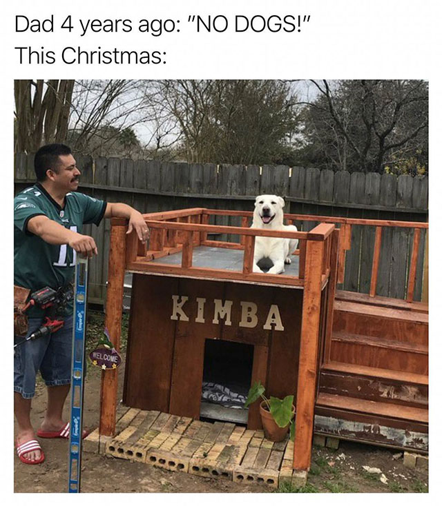 dad and dog meme - Dad 4 years ago "No Dogs!" This Christmas Kimba Nelcome