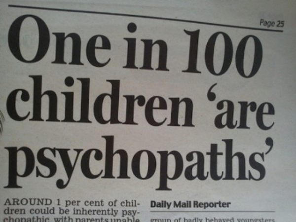 Psychopathy - Page 25 One in 100 children are psychopaths Around 1 per cent of chil Daily Mail Reporter dren could be inherently psy chonathic with narents unable orun of hadly hehaved youngsters