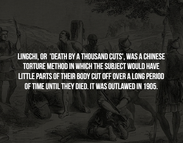 riri - Lingchi, Or "Death By A Thousand Cuts', Was A Chinese Torture Method In Which The Subject Would Have Little Parts Of Their Body Cut Off Over A Long Period Of Time Until They Died. It Was Outlawed In 1905.