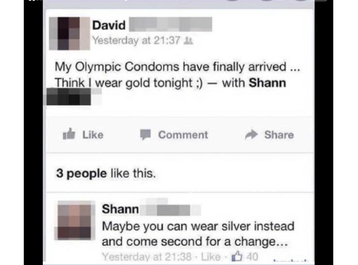 web page - David Yesterday at My Olympic Condoms have finally arrived ... Think I wear gold tonight ; with Shann de Comment 3 people this. Shann Maybe you can wear silver instead and come second for a change... Yesterday at 40