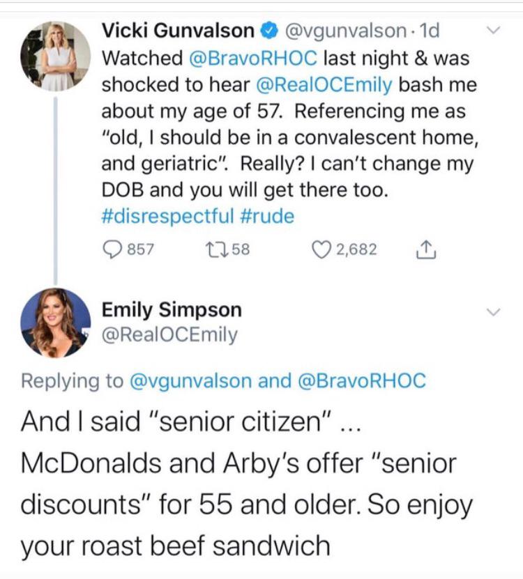 document - Vicki Gunvalson . 1d V Watched last night & was shocked to hear bash me about my age of 57. Referencing me as "old, I should be in a convalescent home, and geriatric". Really? I can't change my Dob and you will get there too. 857 2258 2,682 1 E