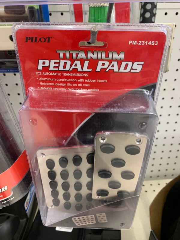 Los Phon Pm231453 Pilot Titanium Pedal Pads Fits Automatic Transmissions Aluminum construction with rubber inserts Universal design fits on all cars Mounts securely over factor pedals .