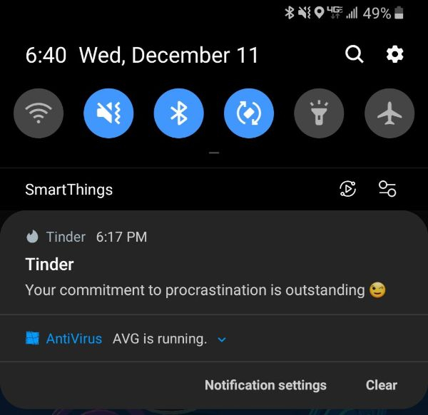 smartthings panel s10 - Vo 4G l 49% Wed, December 11 SmartThings Tinder Tinder Your commitment to procrastination is outstanding AntiVirus Avg is running. Notification settings Clear