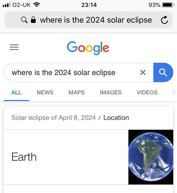 ilomilo - 93% | O2Uk ? Qo where is the 2024 solar eclipse C Google where is the 2024 solar eclipse x a All News Maps Images Videos S Solar eclipse of Location Earth