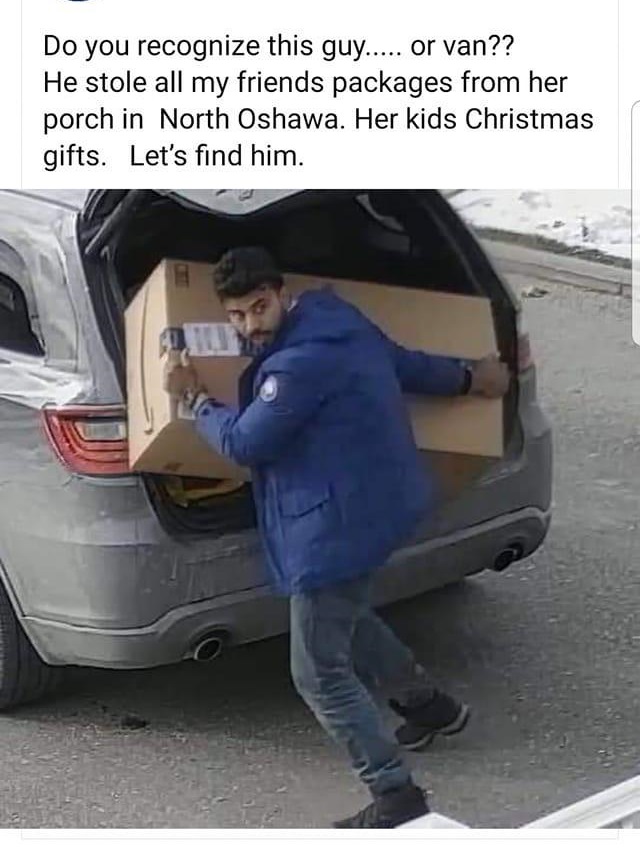 tire - Do you recognize this guy..... or van?? He stole all my friends packages from her porch in North Oshawa. Her kids Christmas gifts. Let's find him.