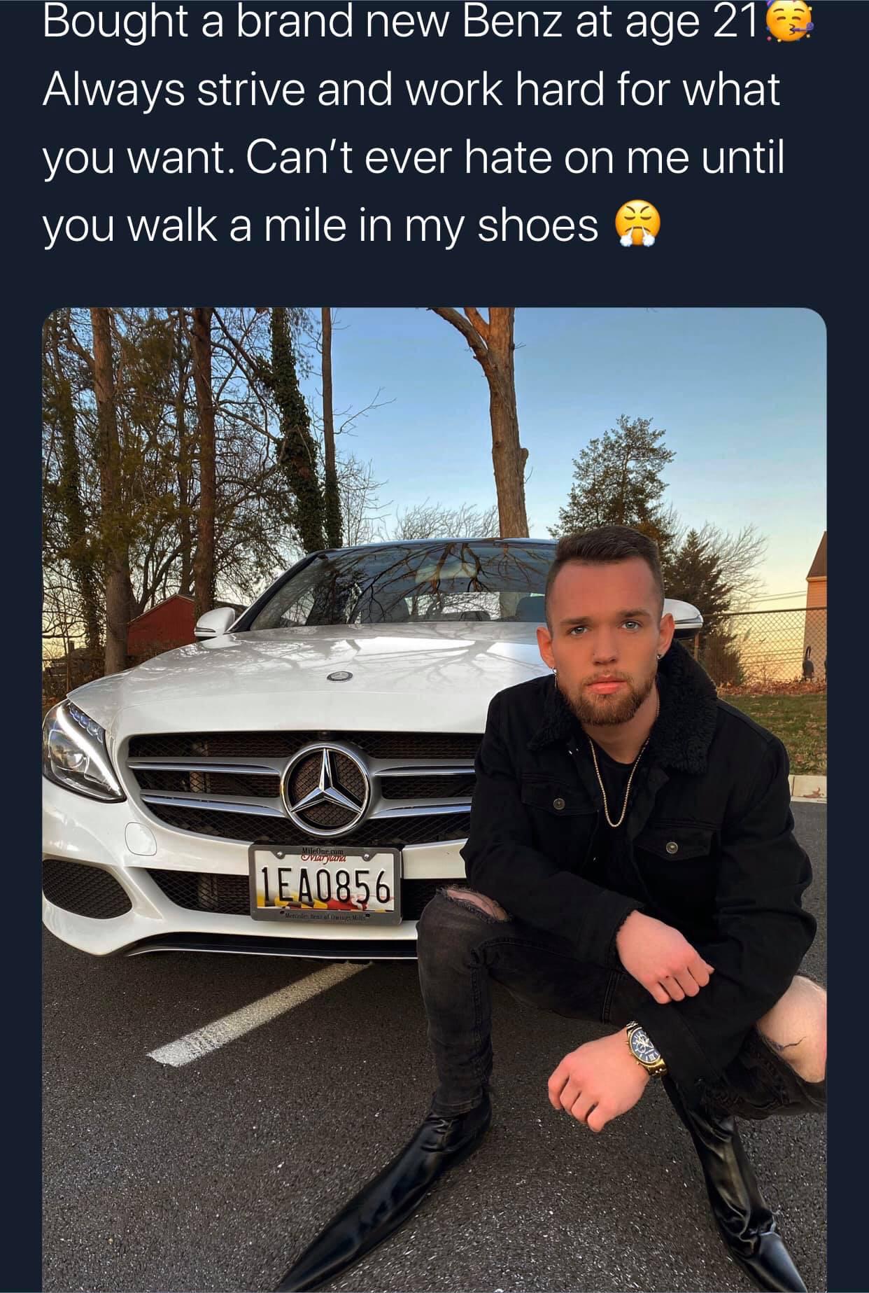 white twitter - Bought a brand new Benz at age 21.6 Always strive and work hard for what you want. Can't ever hate on me until you walk a mile in my shoes Skate MileOne.com LEA0856