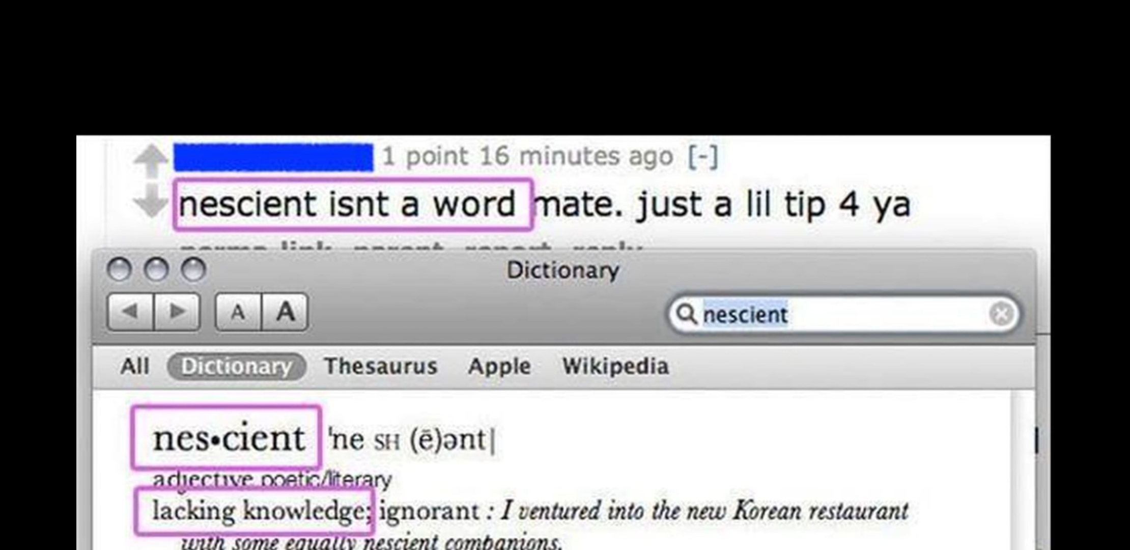 dictionary - | 1 point 16 minutes ago nescient isnt a word mate. just a lil tip 4 ya Dictionary Ooo Aa All Dictionary nescient Thesaurus Apple Wikipedia nes.cient ne sh nt| adiective poetic Alterary lacking knowledge, ignorant I ventured into the new Kore