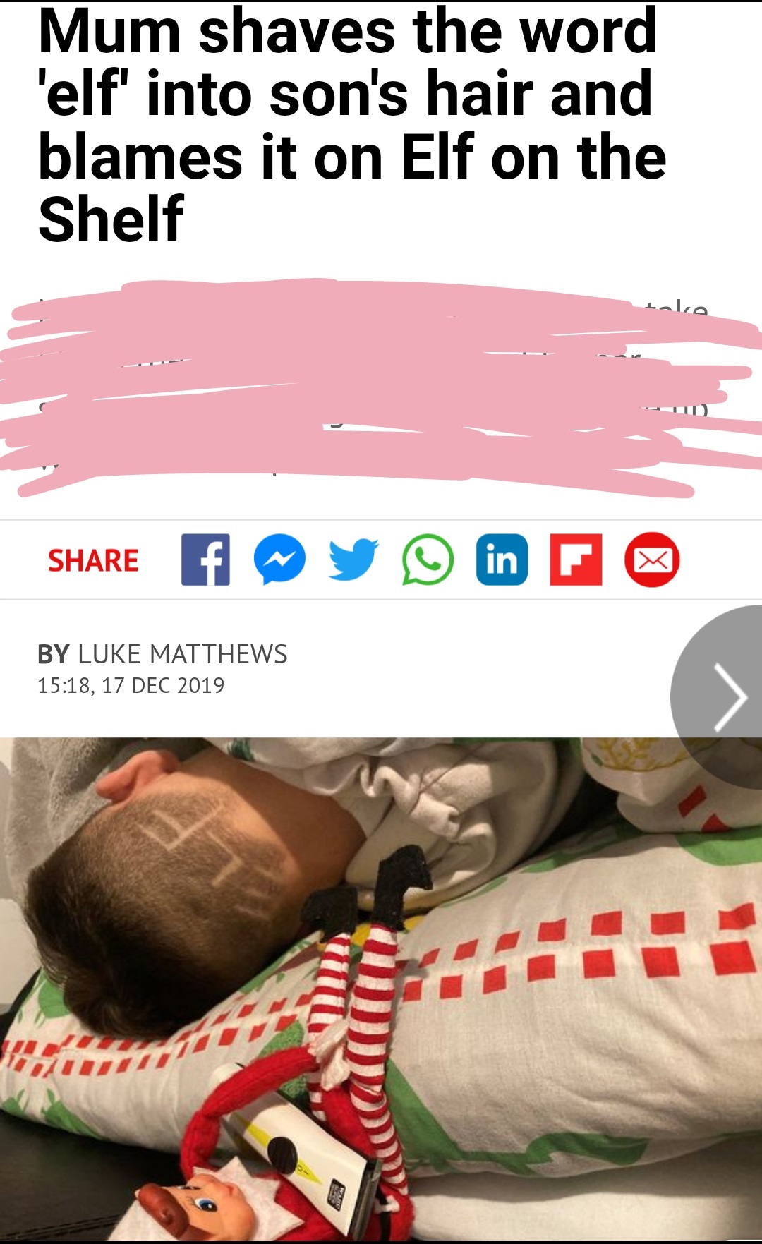 media - Mum shaves the word 'elf' into son's hair and blames it on Elf on the Shelf f y in F By Luke Matthews , Siiii