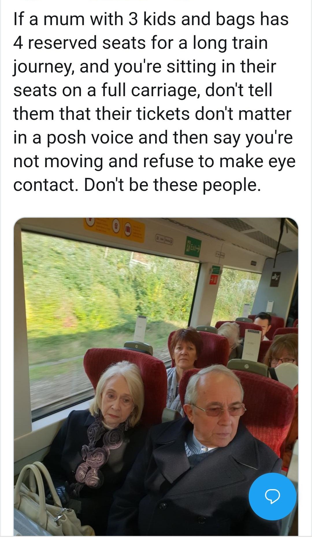 amanda mancino williams train - If a mum with 3 kids and bags has 4 reserved seats for a long train journey, and you're sitting in their seats on a full carriage, don't tell them that their tickets don't matter in a posh voice and then say you're not movi