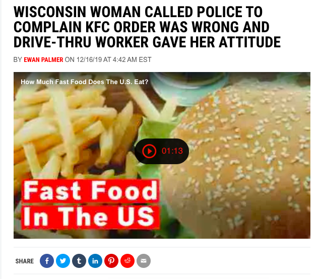 food - Wisconsin Woman Called Police To Complain Kfc Order Was Wrong And DriveThru Worker Gave Her Attitude By Ewan Palmer On 121619 At Est How Much Fast Food Does The U.S. Eat? Fast Food In The Us O000000