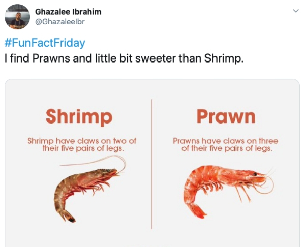 mouth - Ghazalee Ibrahim I find Prawns and little bit sweeter than Shrimp. Shrimp Prawn Shrimp have claws on two of their five pairs of legs. Prawns have claws on three of their five pairs of legs.