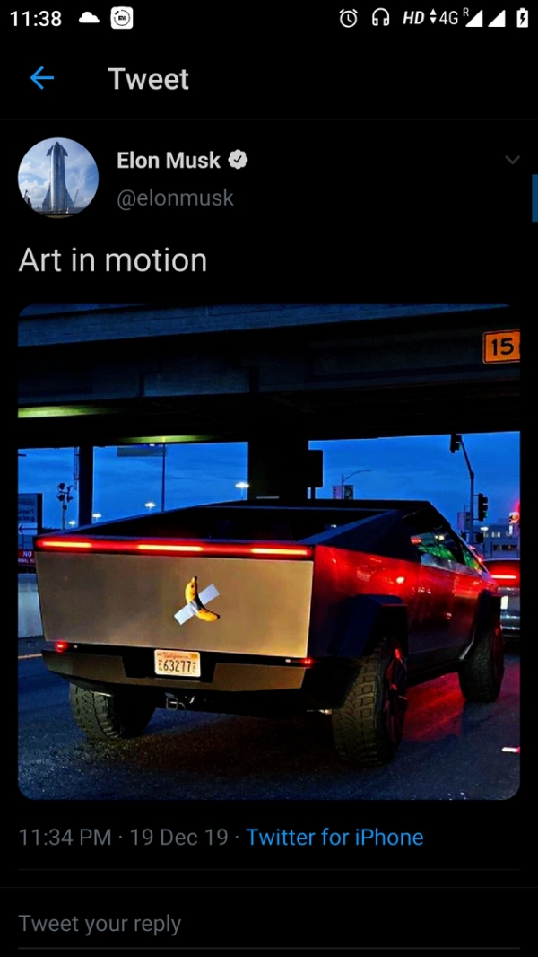 @ Hd 446R440 Tweet Elon Musk Art in motion 15 E632773 19 Dec 19 Twitter for iPhone Tweet your