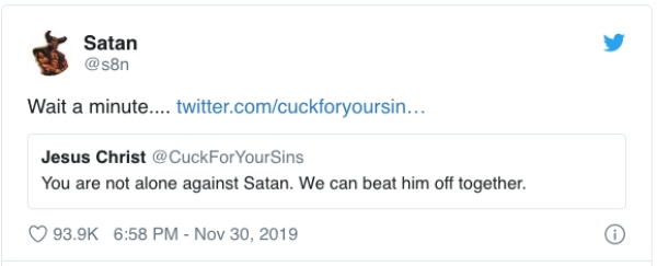 diagram - Satan Wait a minute.... twitter.comcuckforyoursin... Jesus Christ @ CuckFor Your Sins You are not alone against Satan. We can beat him off together.