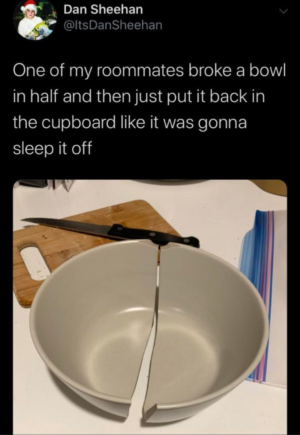 tableware - Dan Sheehan DanSheehan One of my roommates broke a bowl in half and then just put it back in the cupboard it was gonna sleep it off