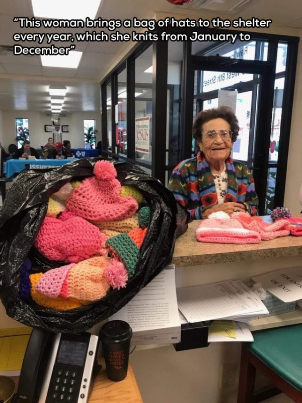 woman who crocheted hats for homeless shelter - "This woman brings a bag of hats to the shelter every year, which she knits from January to December