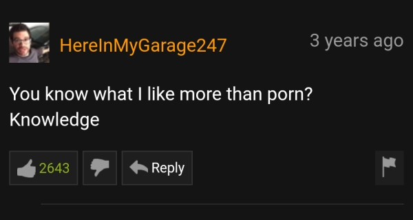 pornhub - multimedia - HerelnMyGarage247 3 years ago You know what I more than porn? Knowledge 2643