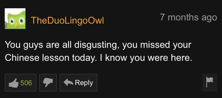 pornhub - most cursed comments - 10 TheDuoLingoOwl 7 months ago You guys are all disgusting, you missed your Chinese lesson today. I know you were here. 506