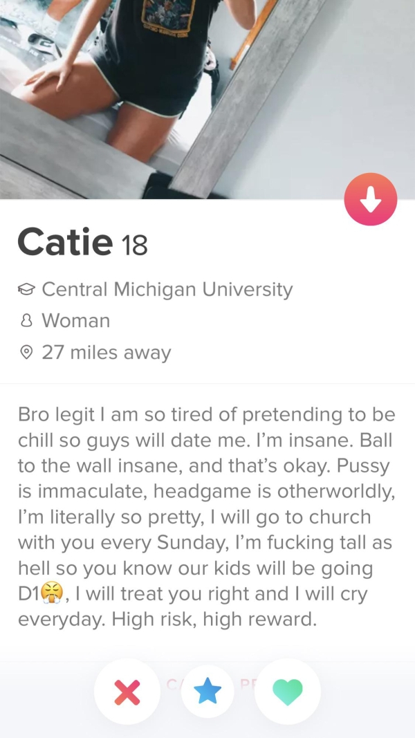 catie 18 central michigan university - Catie 18 @ Central Michigan University 8 Woman 27 miles away Bro legit I am so tired of pretending to be chill so guys will date me. I'm insane. Ball to the wall insane, and that's okay. Pussy is immaculate, headgame