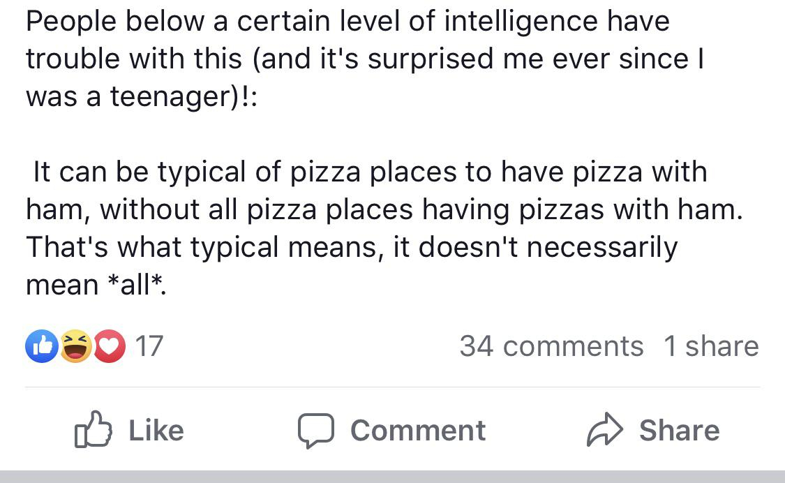 angle - People below a certain level of intelligence have trouble with this and it's surprised me ever since | was a teenager! It can be typical of pizza places to have pizza with ham, without all pizza places having pizzas with ham. That's what typical m