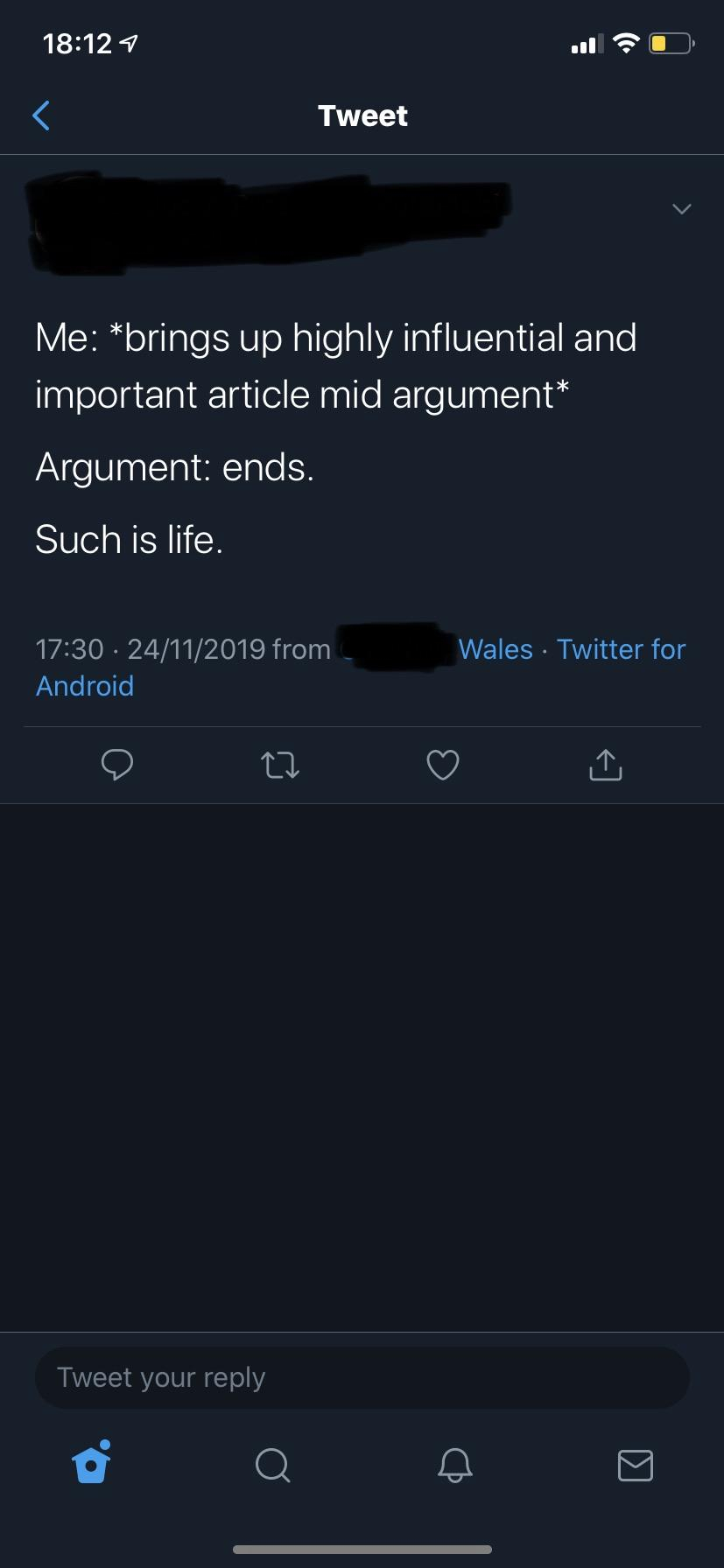 screenshot - Tweet Me brings up highly influential and important article mid argument Argument ends. Such is life. Wales Twitter for 24112019 from Android _ 12 Tweet your