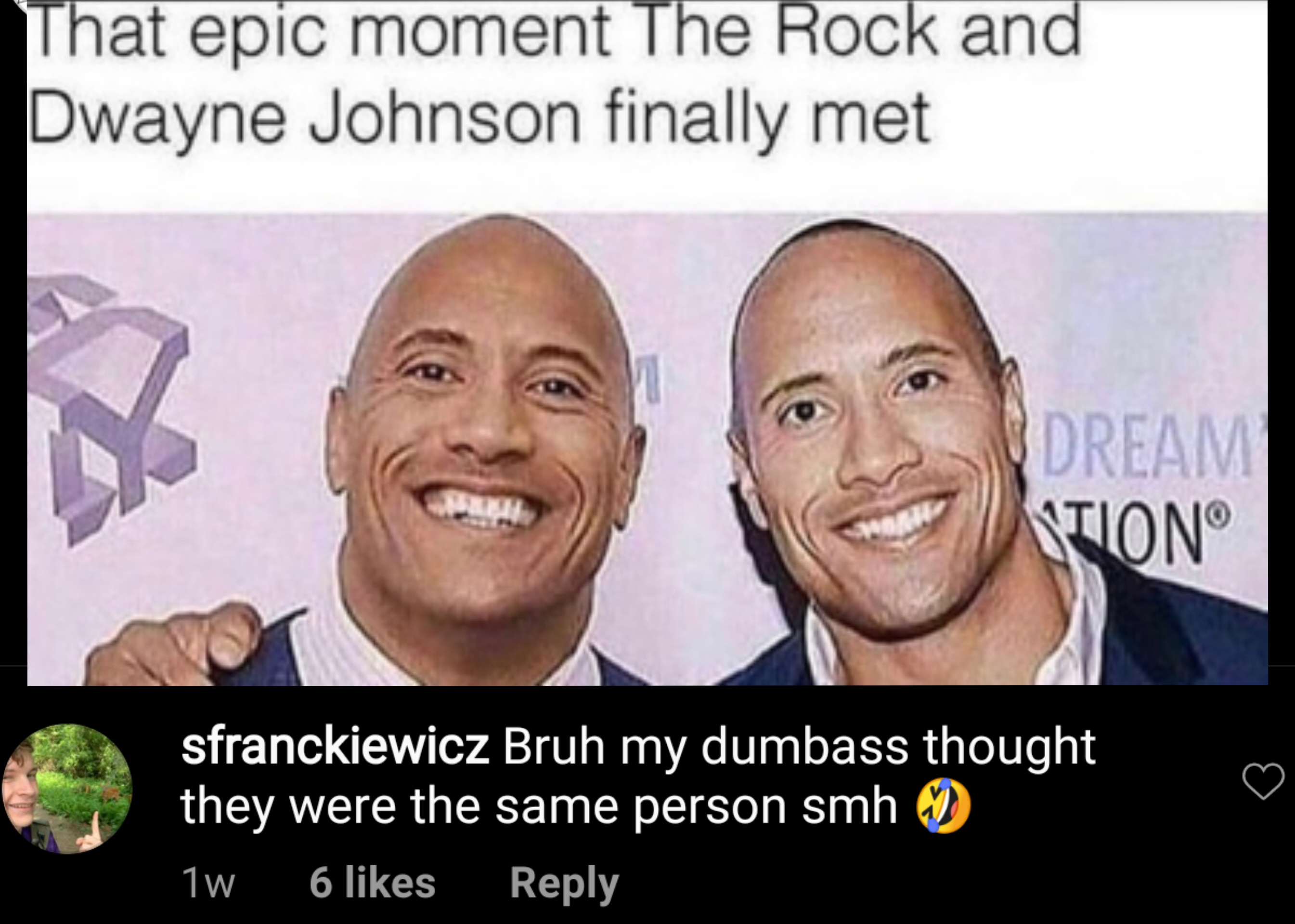 epic moment when dwayne johnson - That epic moment The Rock and Dwayne Johnson finally met Dream Stion sfranckiewicz Bruh my dumbass thought they were the same person smh 1w 6