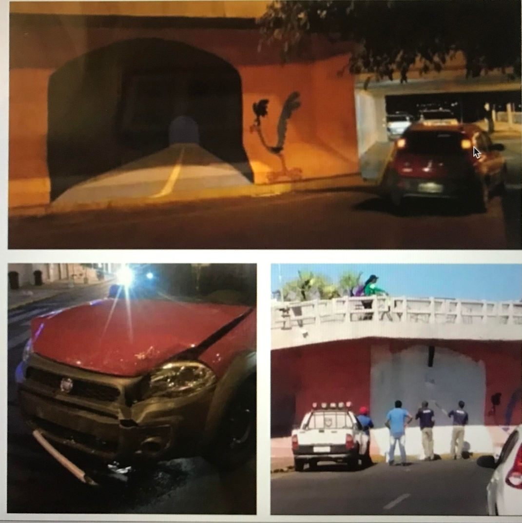 car crashes into fake tunnel