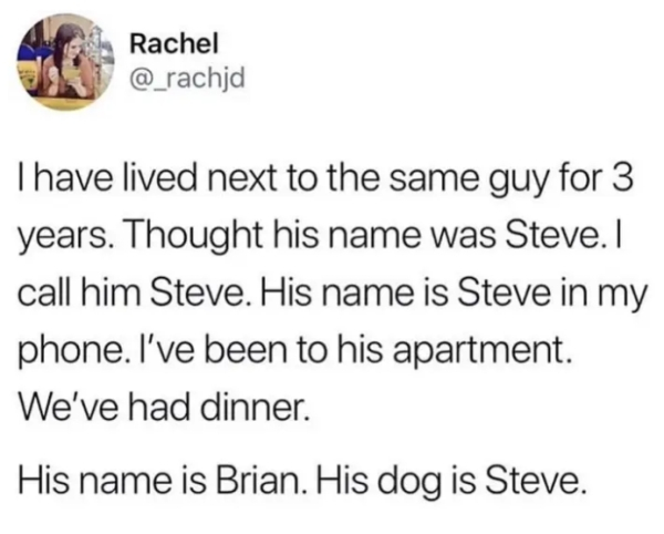 quotes - Rachel Thave lived next to the same guy for 3 years. Thought his name was Steve. call him Steve. His name is Steve in my phone. I've been to his apartment. We've had dinner. His name is Brian. His dog is Steve.