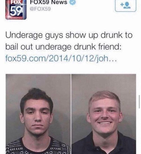 drunk friends came to bail out from jail drunk friend - Fox FOX59 News Underage guys show up drunk to bail out underage drunk friend fox59.comjoh... X