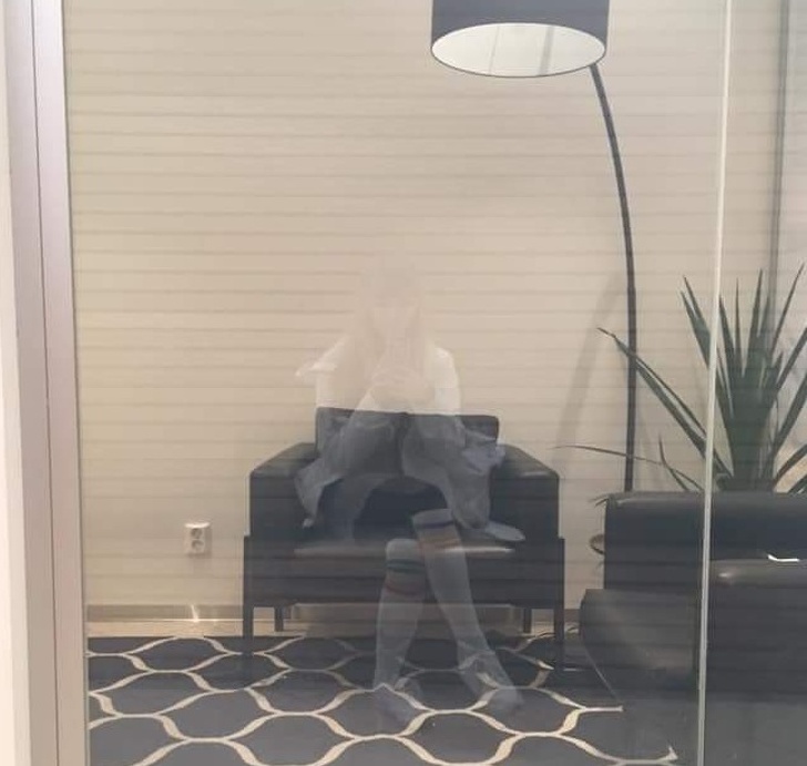 “Sat on a bench outside an office and noticed that my reflection in the window perfectly fit in the chair.”