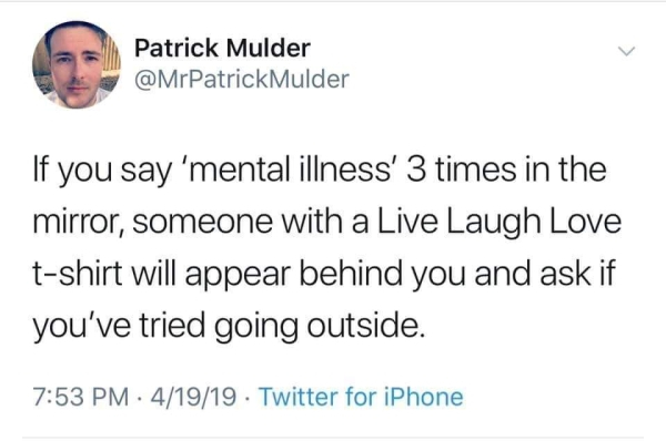 rachel riley egg tweet - Patrick Mulder Mulder If you say 'mental illness' 3 times in the mirror, someone with a Live Laugh Love tshirt will appear behind you and ask if you've tried going outside. 41919. Twitter for iPhone