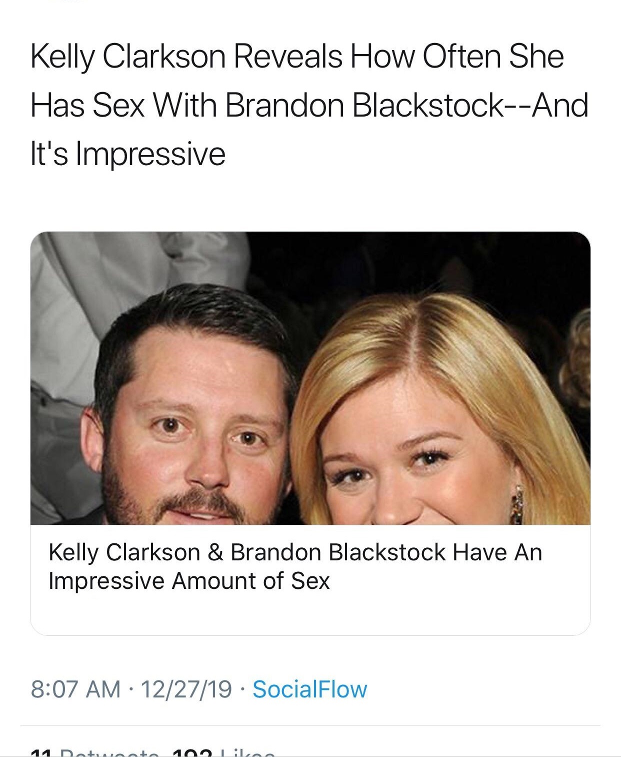 Kelly Clarkson Reveals How Often She Has Sex With Brandon BlackstockAnd It's Impressive Kelly Clarkson & Brandon Blackstock Have An Impressive Amount of Sex 122719. SocialFlow 14 Datumente 100 Line