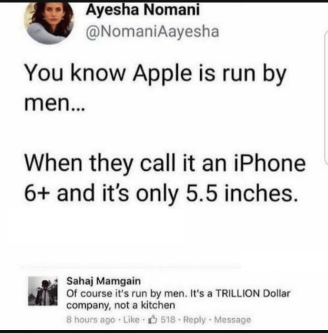 document - Ayesha Nomani You know Apple is run by men... When they call it an iPhone 6 and it's only 5.5 inches. Sahaj Mamgain Of course it's run by men. It's a Trillion Dollar company, not a kitchen 8 hours ago 518. Message
