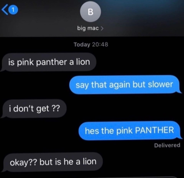 pink panther a lion text -  Today is pink panther a lion say that again but slower i don't get ?? hes the pink Panther Delivered okay?? but is he a lion